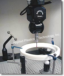 APT's CMM insures tight tolerances during a PTFE valve seat production run.